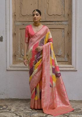 Yellow Solid Silk Blend Saree Set