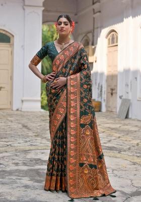 Green Solid Silk Blend Saree Set
