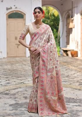 Cream Solid Silk Blend Saree Set