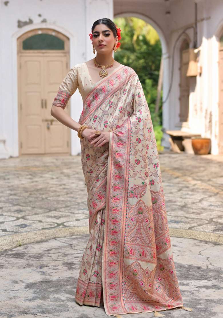 Cream Solid Silk Blend Saree Set - Indya