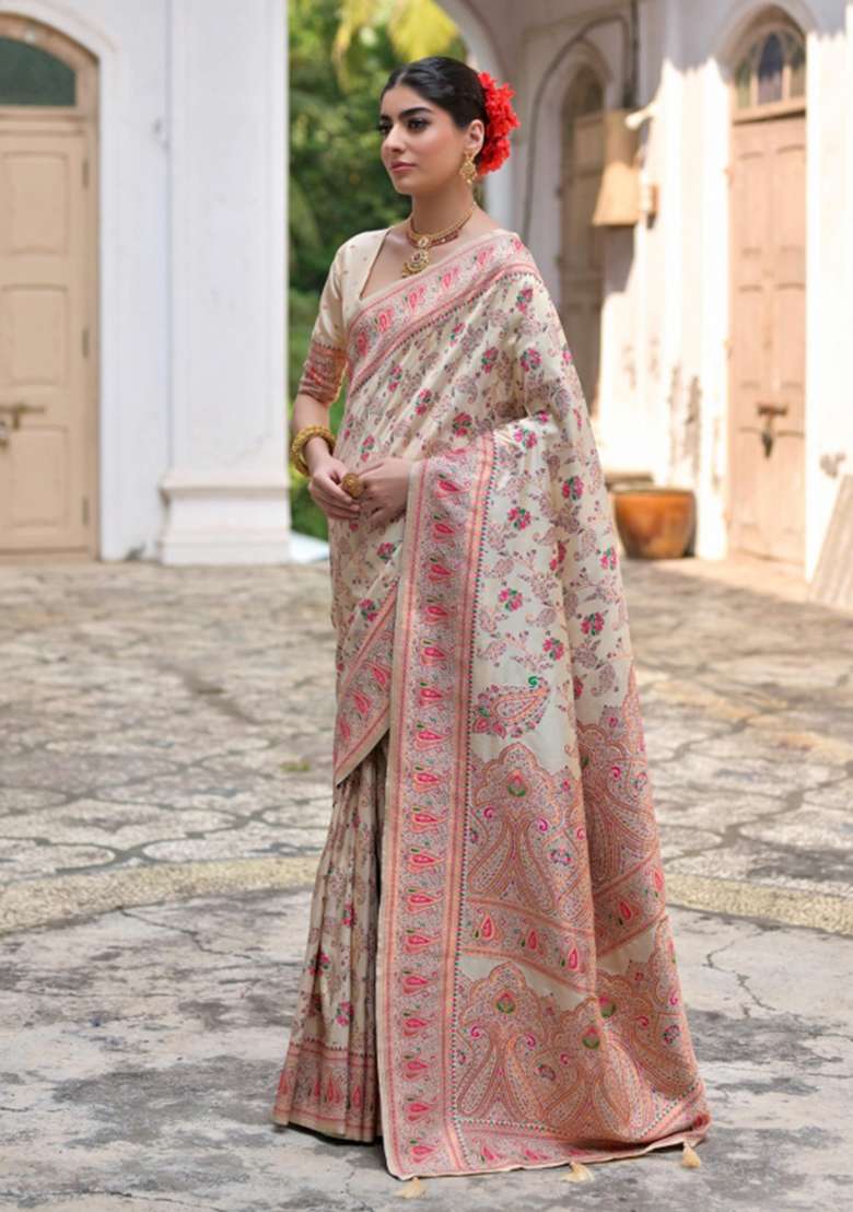Cream Solid Silk Blend Saree Set - Indya
