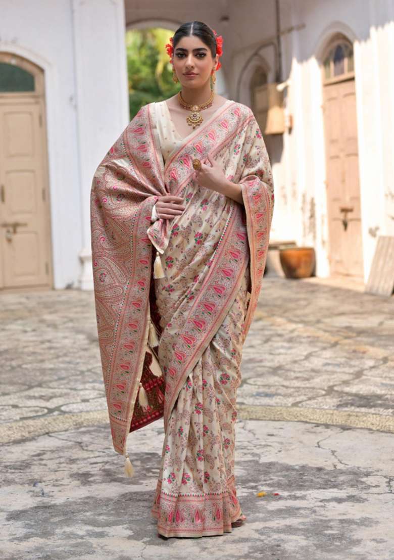 Cream Solid Silk Blend Saree Set - Indya