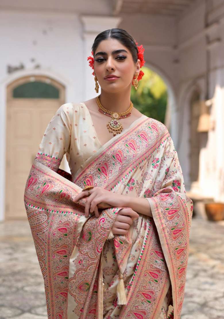 Cream Solid Silk Blend Saree Set - Indya