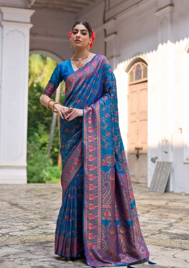 Firozi Solid Silk Blend Saree Set - Indya