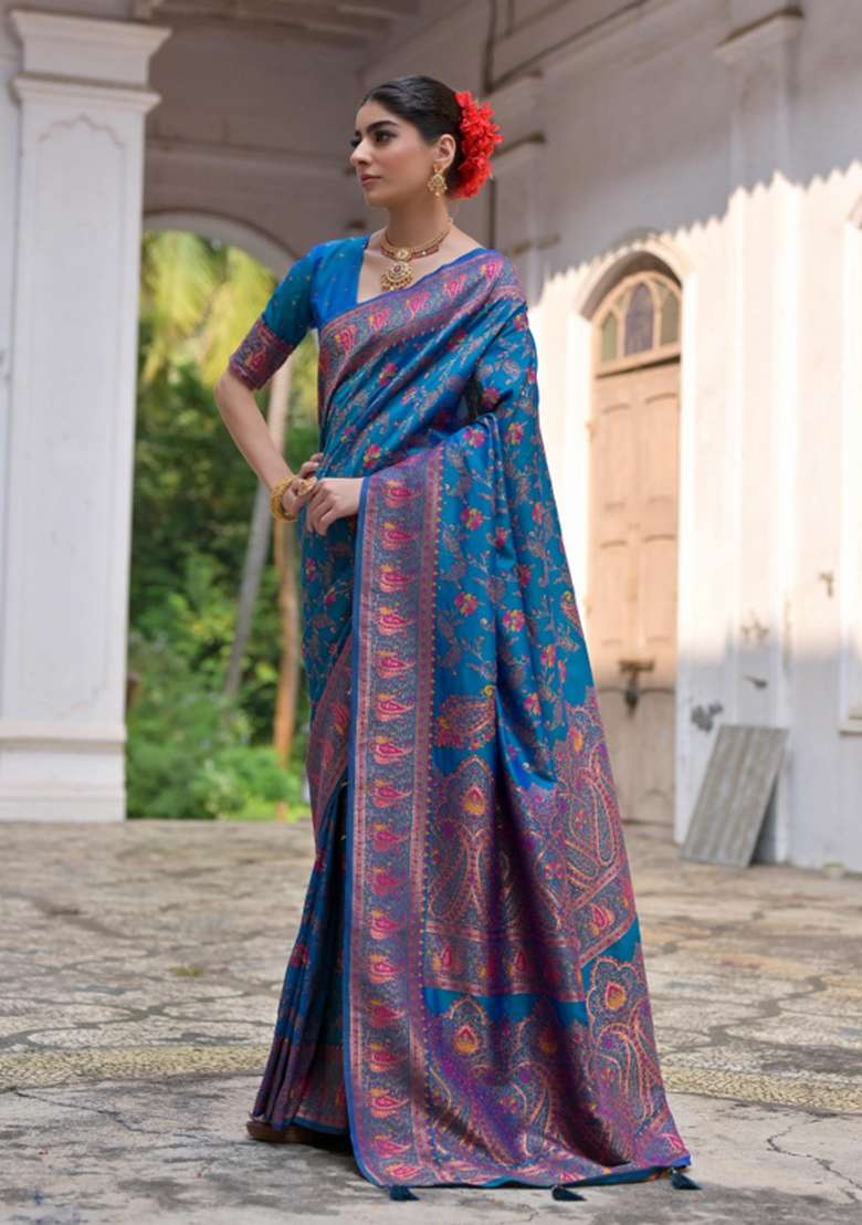 Firozi Solid Silk Blend Saree Set - Indya