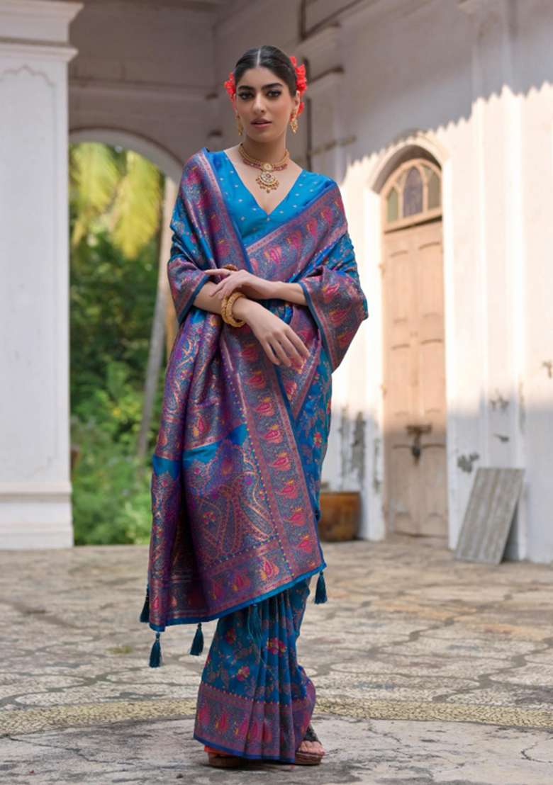Firozi Solid Silk Blend Saree Set - Indya