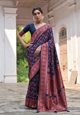Navy Blue Solid Silk Blend Saree Set