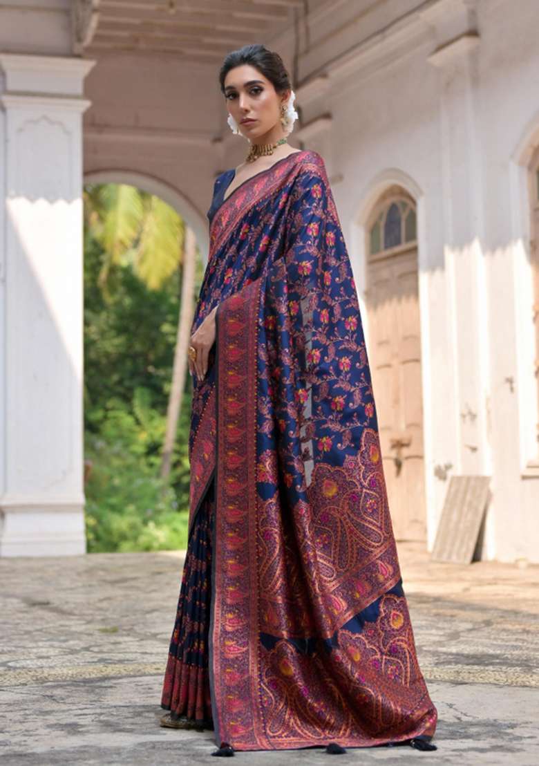 Navy Blue Solid Silk Blend Saree Set - Indya