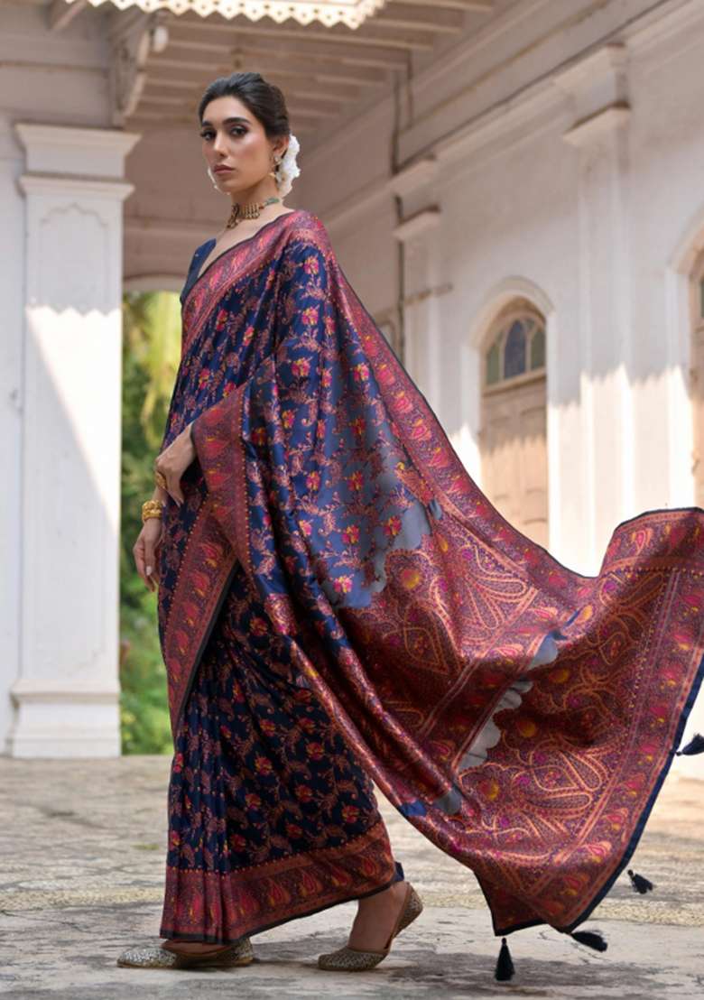 Navy Blue Solid Silk Blend Saree Set - Indya