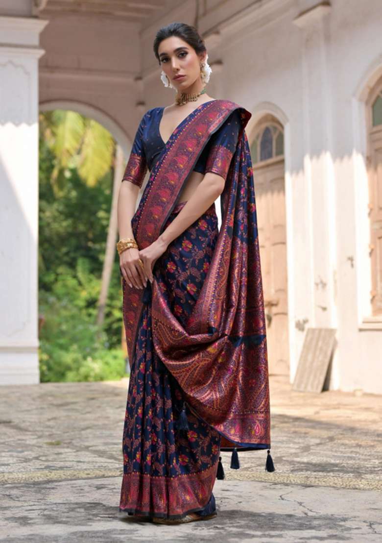 Navy Blue Solid Silk Blend Saree Set - Indya
