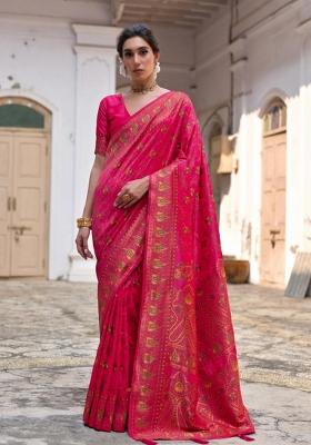 Pink Solid Silk Blend Saree Set