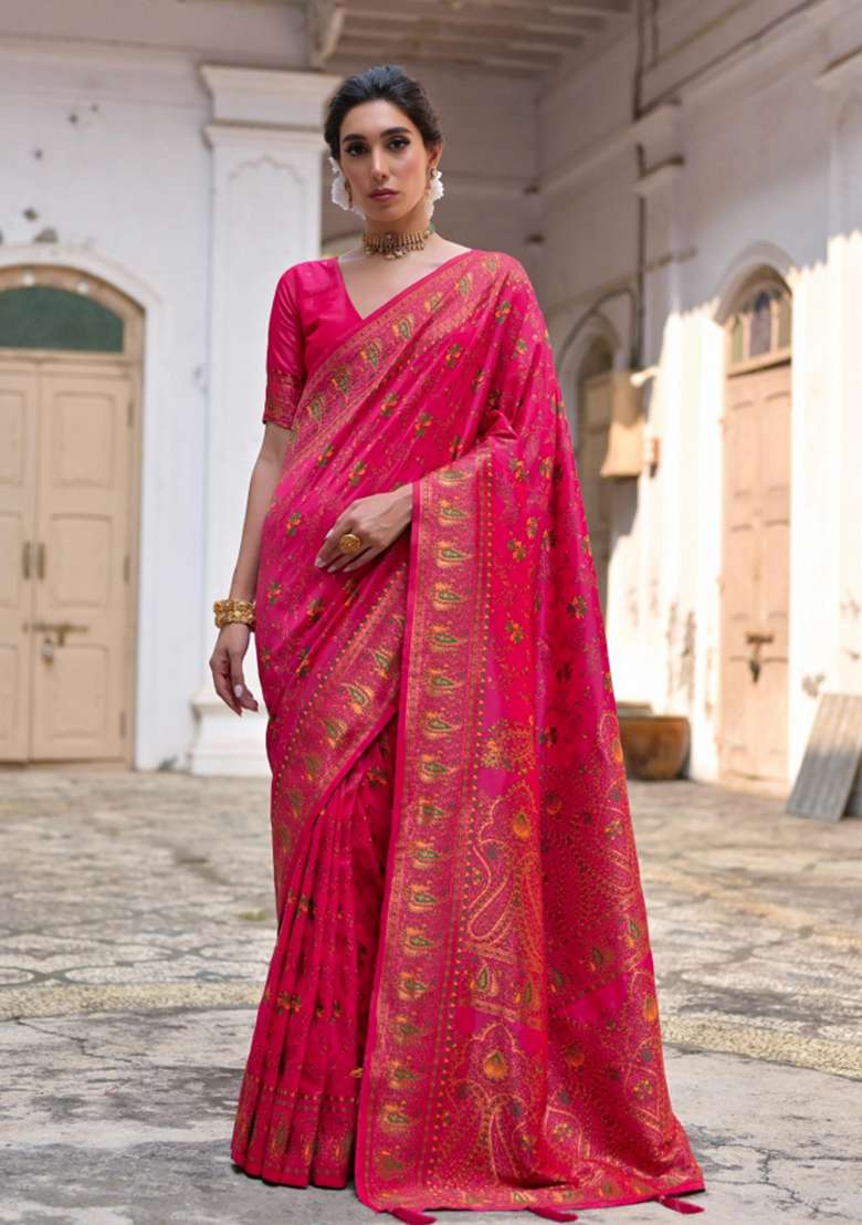 Pink Solid Silk Blend Saree Set - Indya