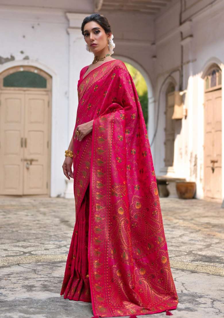 Pink Solid Silk Blend Saree Set - Indya