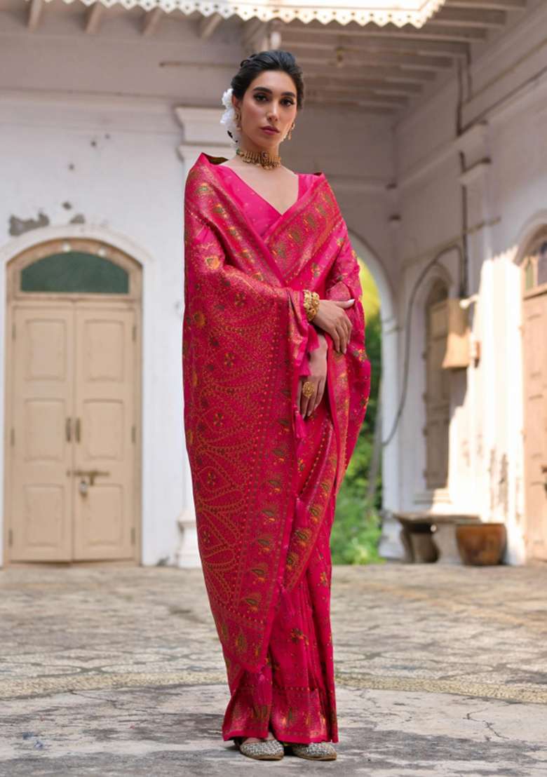 Pink Solid Silk Blend Saree Set - Indya