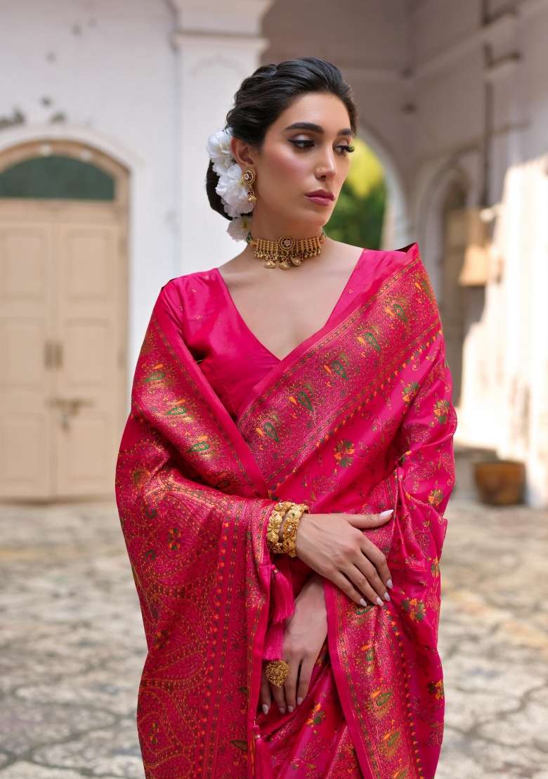 Pink Solid Silk Blend Saree Set - Indya