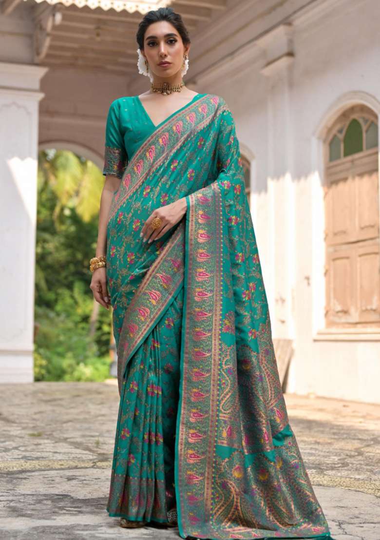 Rama Solid Silk Blend Saree Set - Indya