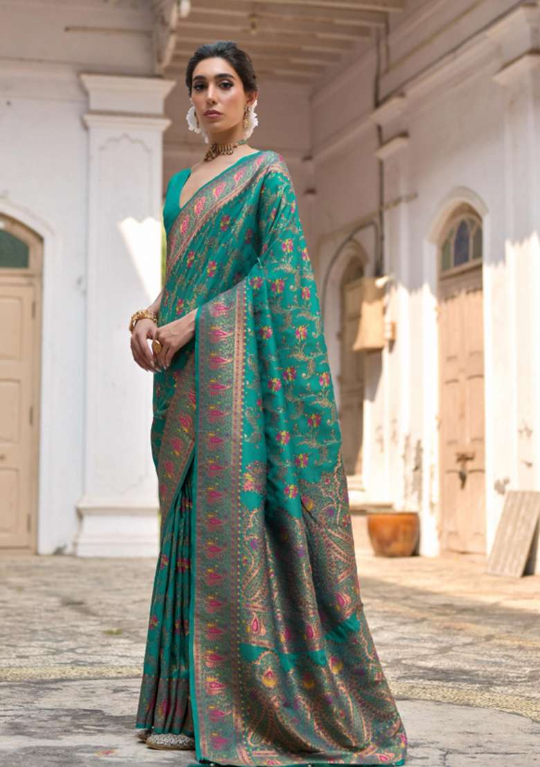 Rama Solid Silk Blend Saree Set - Indya