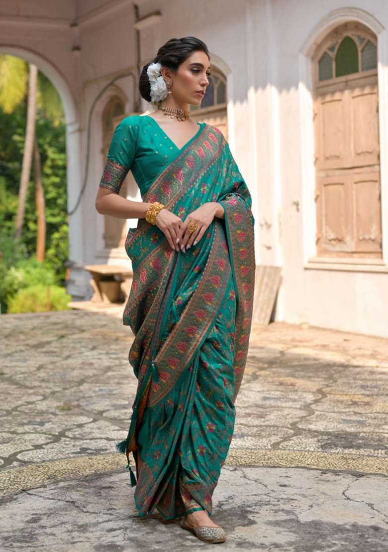 Rama Solid Silk Blend Saree Set - Indya