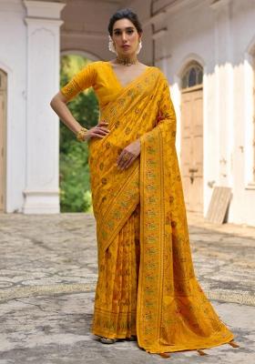 Yellow Solid Silk Blend Saree Set