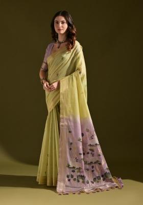 Pista Green Solid Cotton Saree Set