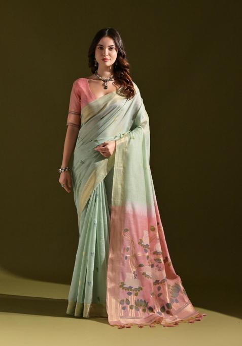 Rama Solid Cotton Saree Set