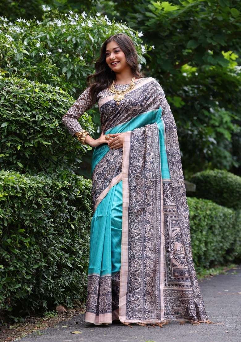 Blue Solid Silk Blend Saree Set - Indya
