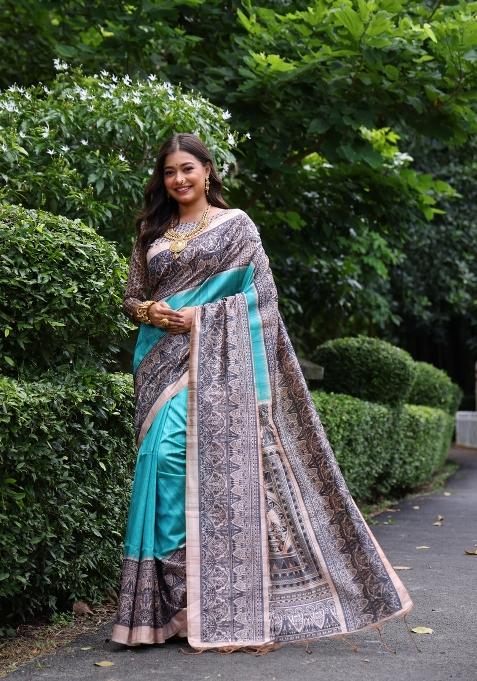 Blue Solid Silk Saree Set