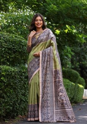 Green Solid Silk Blend Saree Set
