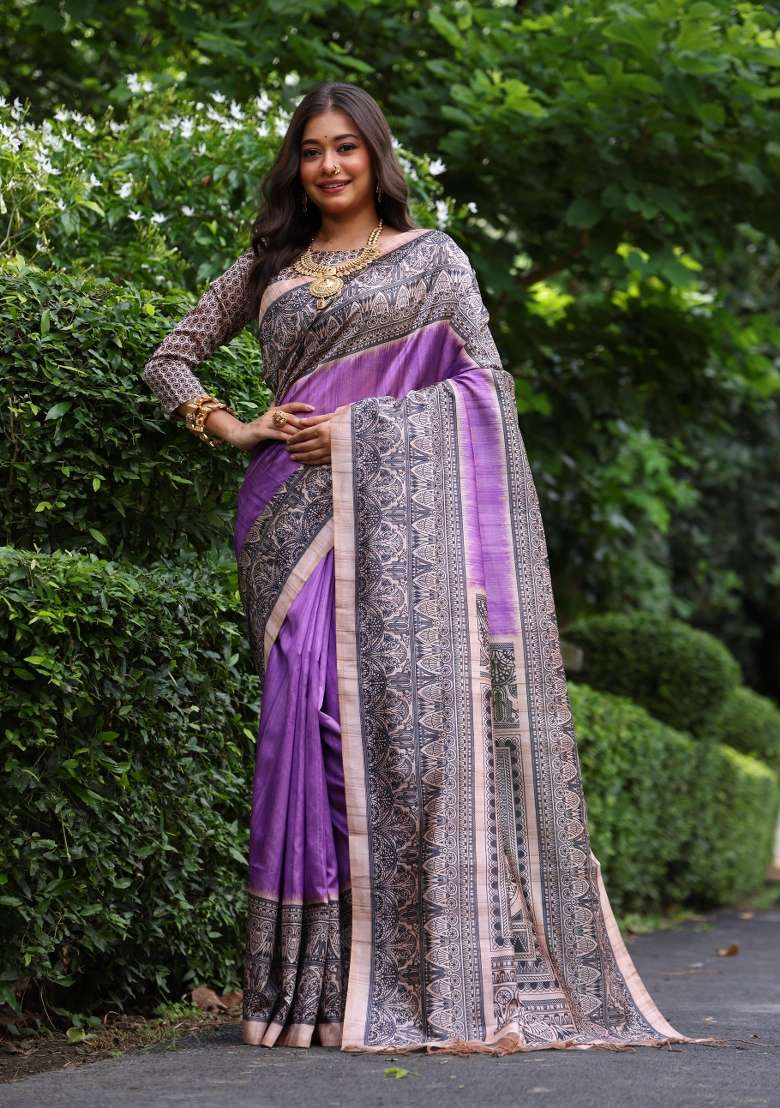 Lavender Solid Silk Blend Saree Set - Indya
