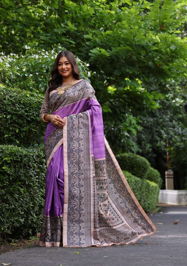 Lavender Solid Silk Blend Saree Set - Indya