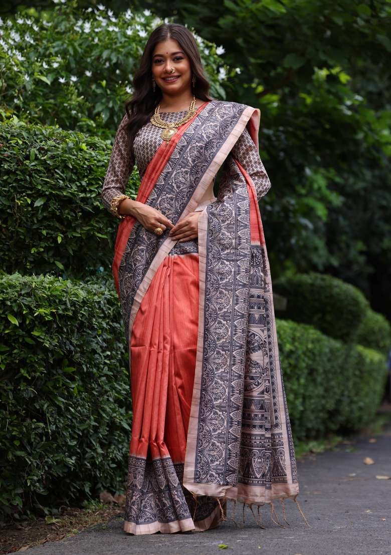 Orange Solid Silk Blend Saree Set - Indya