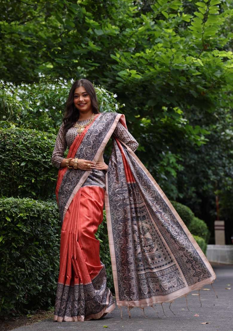 Orange Solid Silk Blend Saree Set - Indya