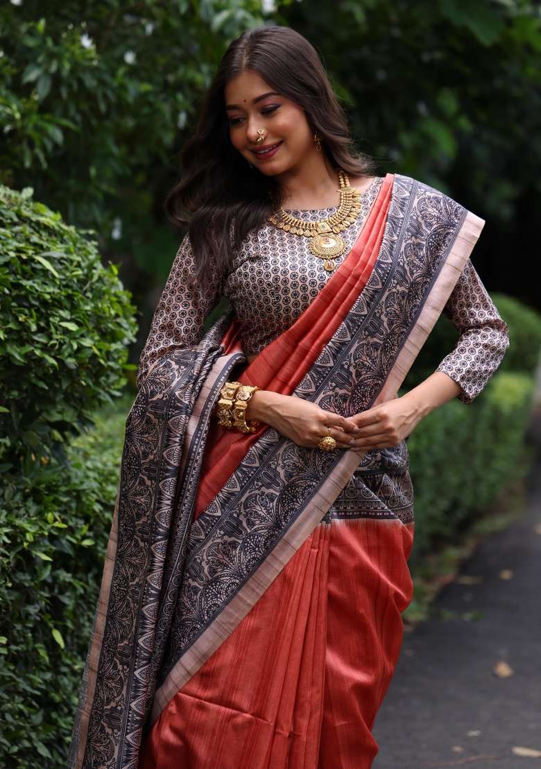 Orange Solid Silk Blend Saree Set - Indya