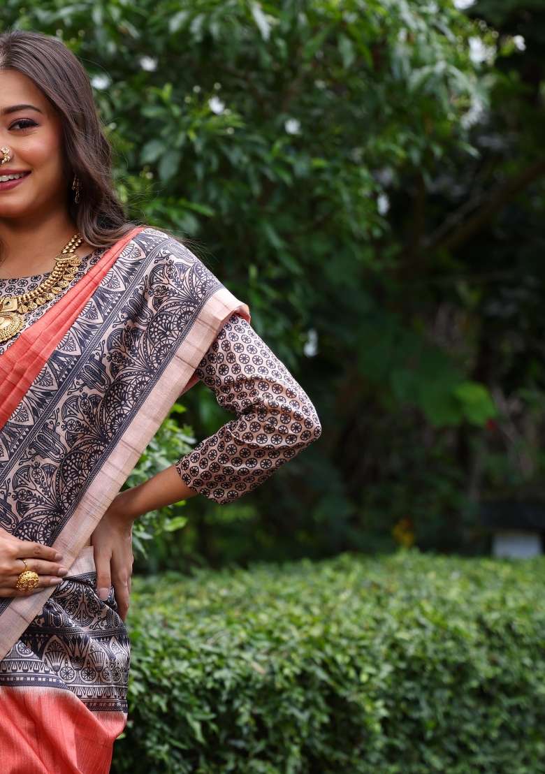 Orange Solid Silk Blend Saree Set - Indya