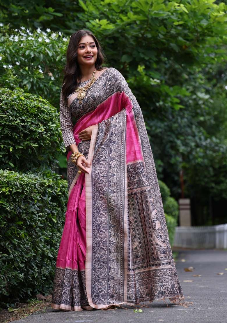 Pink Solid Silk Blend Saree Set - Indya