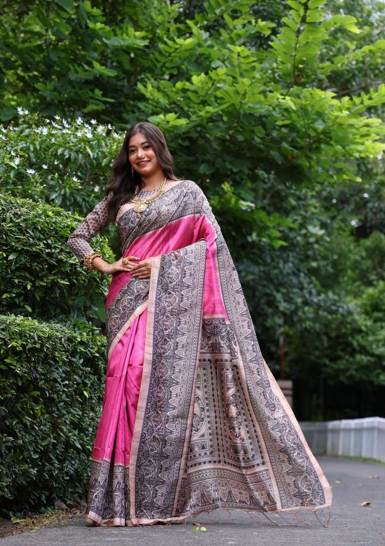 Pink Solid Silk Blend Saree Set - Indya