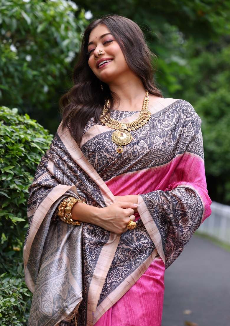 Pink Solid Silk Blend Saree Set - Indya