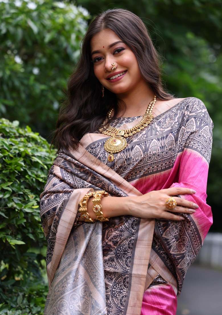 Pink Solid Silk Blend Saree Set - Indya
