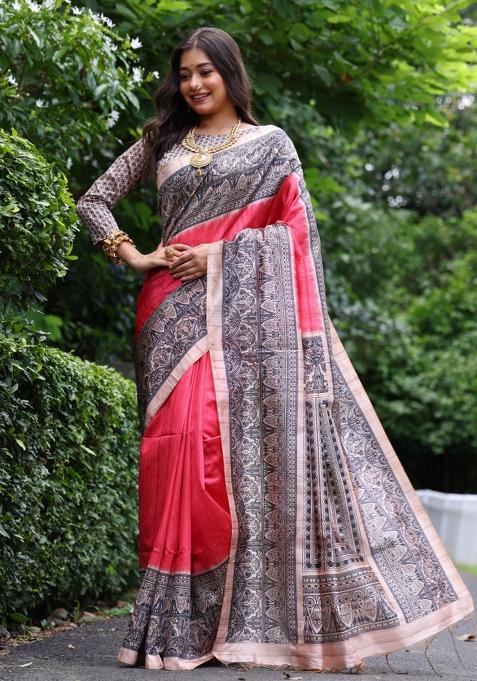 Red Solid Silk Saree Set — view on Indya