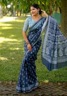 Blue Solid Silk Blend Saree Set