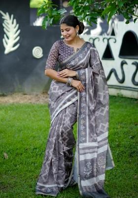 Grey Solid Silk Blend Saree Set