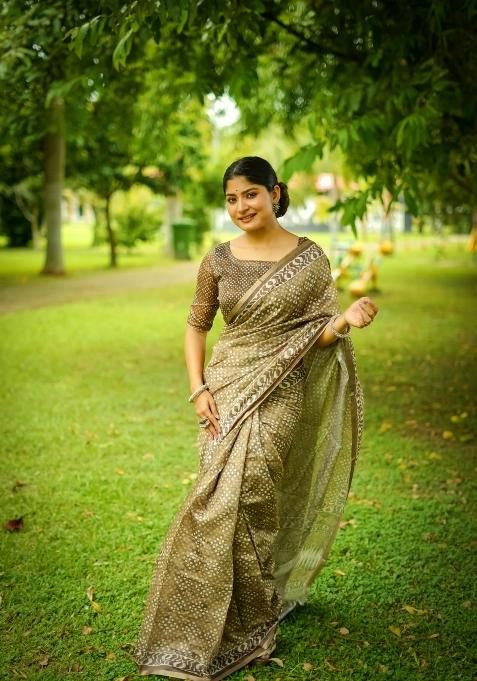 Olive Solid Silk Blend Saree Set