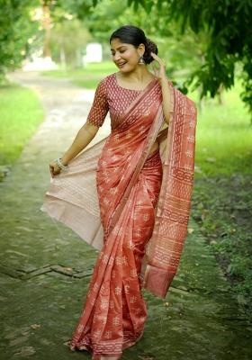 Orange Solid Silk Blend Saree Set