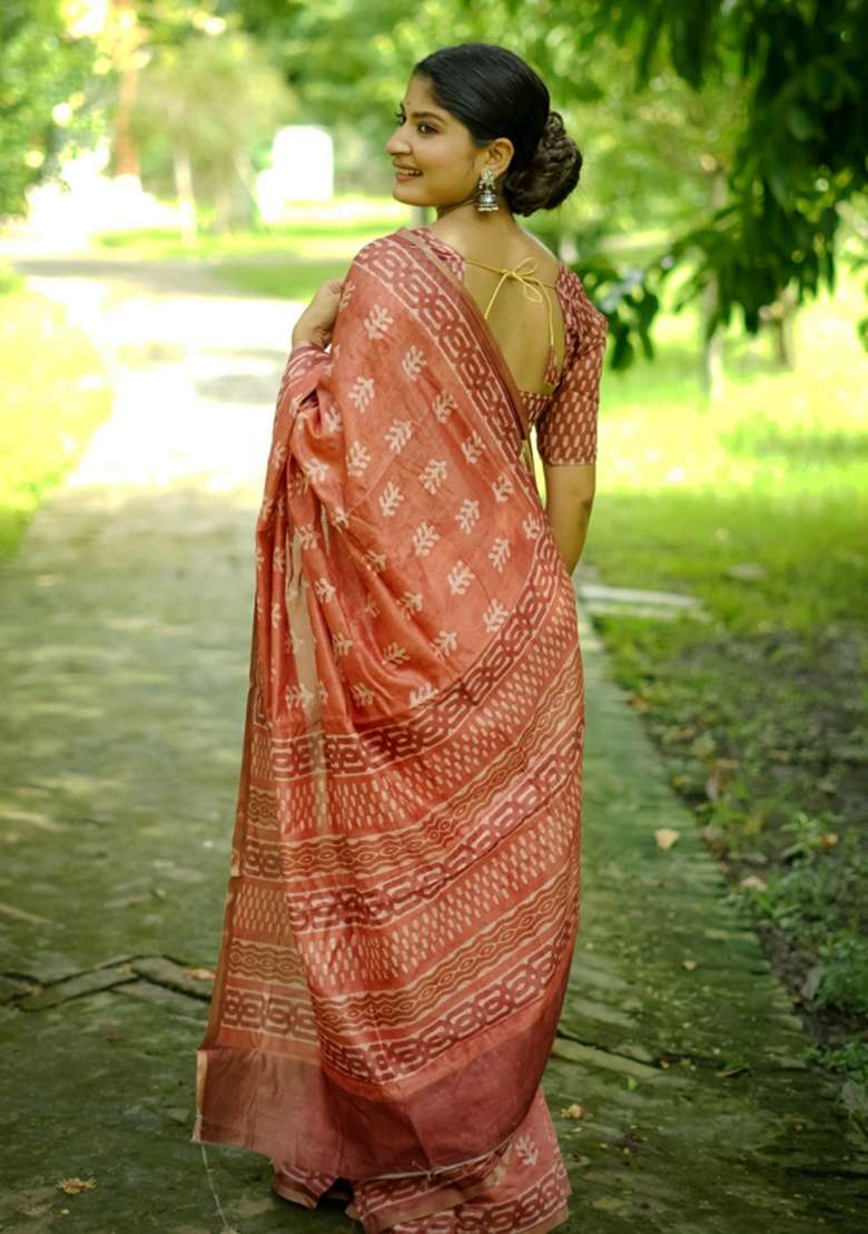 Orange Solid Silk Blend Saree Set - Indya
