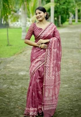 Pink Solid Silk Blend Saree Set