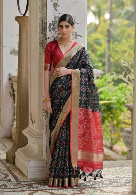 Black Solid Silk Saree Set