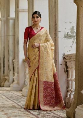 Cream Solid Silk Blend Saree Set
