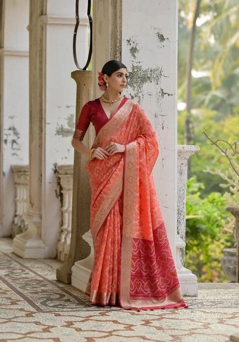 Orange Solid Silk Saree Set — view on Indya