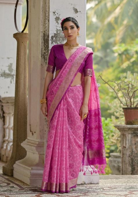 Pink Solid Silk Saree Set — view on Indya