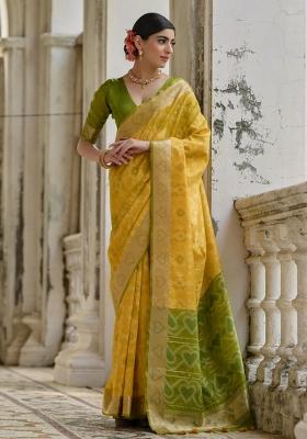 Yellow Solid Silk Blend Saree Set